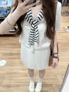 สไตล์นักเรียน PetitesFrenchเอวสูงกระโปรงจีบผู้หญิงฤดูร้อนมาใหม่กระโปรงทรงเอลดความอ้วน