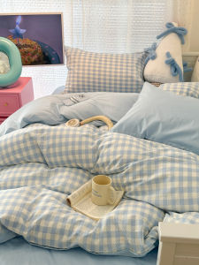 Ins Fresh Small Blue Grid Pure Cotton Three-Piece Bedding Set Simple Student Quilt Cover Single Bed Sheet Bed Canopy Four-Piece Set