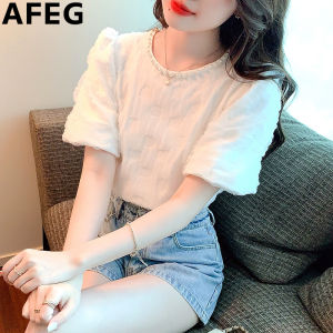 AFEG new Korean version of the round neck fashion loose all match pin bead lace bubble sleeve blouse
