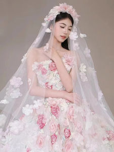 Wedding Veil Sweet Fairy Tale Style Floral Heavy Embroidery Headwear for Marriage Registration Photo Prop Atmosphere Feeling Women