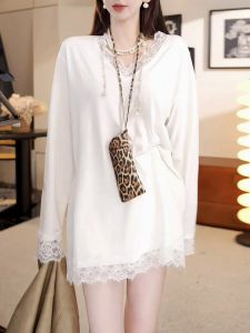 Lace Patchwork V-neck Base Layer T-shirt Womens Loose Long Sleeve Casual Top White Inner Wear Autumn New Style Korean Version