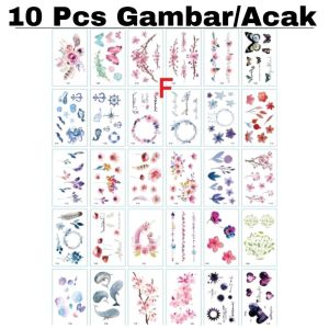 PAKET 10 LEMBAR Tato Temporer Tatto Tattoo Temporary Wanita Lengan Tangan Kaki Dada Punggung Tahan Lama Air Anti Air Seri F Desain Ikan Paus Bunga Bunga Indah