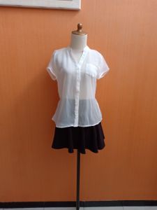 atasan kemeja wanita putih FOREVER21 cewek M L blouse lengan pendek MEWAH transparan vneck cute