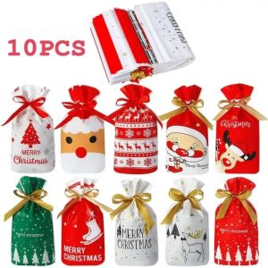 10PCS Christmas Candy Gift Storage Bags with Drawstring DIY Biscuit Candy Gift Packing Bag Christmas New Year Gift Bag