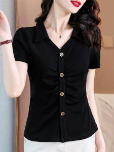 Fashionable Black Slimming WomensShort Sleeve ShirtWaist InwardTrendy Polo Collar Oversized Trendiness Comely Grace Polyester