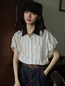 Retro Striped Lantern Sleeve Shirt Womens Summer New Style Simple Fashion Small Audience Upper Body Clothing Button Detail