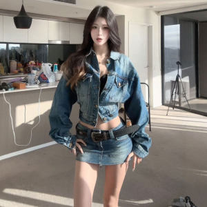 CHANGTONG | Vintage Unique Denim Top and Skirt Set