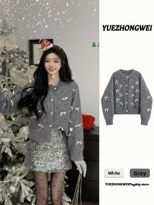 YUEZHONGWEI | Chic French Style Heavy Embroidery Bow Gray Sweater Coat