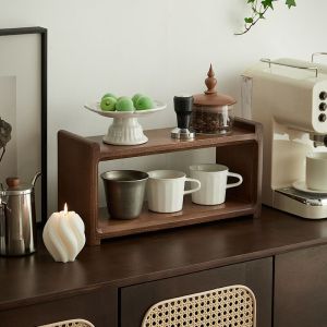 Mid-century Style Walnut Wood Double-layer Tea Cup Storage Rack