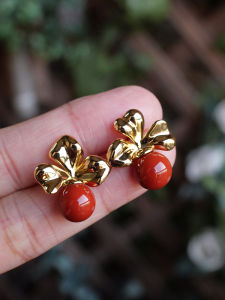 ต่างหูเงินแท้ขนาดใหญ่สไตล์เรโทรสีทองแดงสำหรับผู้หญิง เครื่องประดับหูรูปใบไม้สีแดงธรรมชาติ ดีไซน์เรโทรสไตล์ฮ่องกง