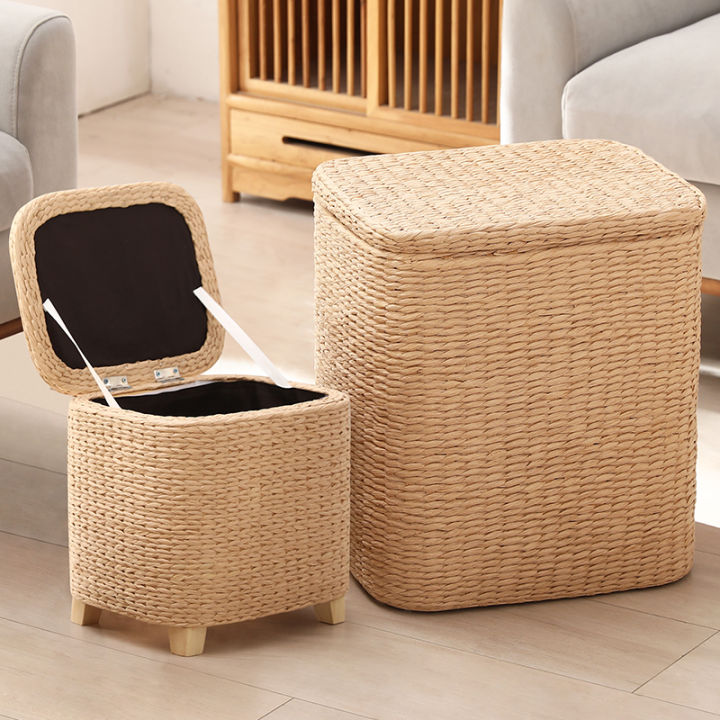 Rattan MultiFunctional Solid Wood Storage Stool Living Room Sitting