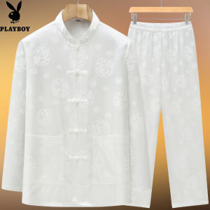 Playboy Ice Silk Long Sleeve Tang Suit Morning Exercise Clothes for Elderly Men Spring Autumn Thin Style Leisure Pure Color Knitted Fabric