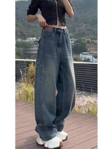 plus Size American Style Wide Leg Jeans Womens Spring Autumn High Waist Straight Cut Loose Fit Denim Pants Casual Blue