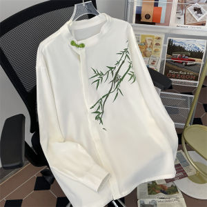 New Chinese Style National Trend Bamboo Print Ice Silk Tang Suit Shirt Mens Spring Autumn Loose Casual High-End Long Sleeve Trendy Shirt