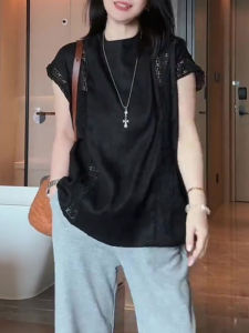 UYFY | Black Round Neck Short Sleeve T-Shirt Womens Summer New Hook Flower Hollow Design Lightweight Luxury Fashion Top Casual Loose Fit