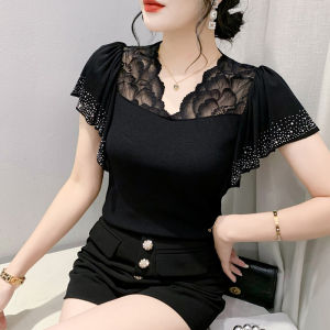 Thời Trang Sành Điệu Viền Bèo Áo Thun Nữ Tay Ngắn Mùa Hè Gợi Cảm Lưới Áo Tôn Tạo Nặng Cổ Chữ V Thanh Lịch Áo Liền Quần Thời Trang Tee