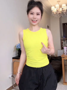 เสื้อกั๊กโยคะฟิตเนสสีเหลืองสำหรับฤดูร้อน ระบายอากาศได้ดี แห้งเร็ว ผ้าฝ้ายผสมโพลีเอสเตอร์ แขนกุด ทรงเข้ารูป สำหรับผู้หญิง