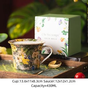 OMK European Style Luxury Phnom Penh Ceramic Tea Cup 430ML Mug with lid Breakfast Cup Coffee Cup & Saucer Sets Gift Box Packaging