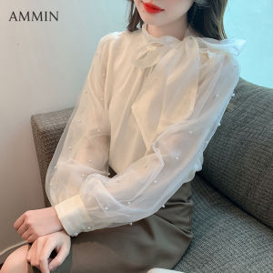 AMMIN เสื้อเบลาส์แขนพองลายตาข่ายมีระบายคอกลมหวานใหม่พร้อมโบว์ด้านข้างดีไซน์ผูกเชือกแขนยาวเสื้อชีฟองหญิงคอมมินเตอร์สไตล์เกาหลี2023ฤดูใบไม้ร่วง