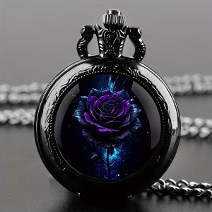 Purple Rose Quartz Movement Pocket WatchStylish Black Necklace Chain Classic Exquisite Design Gift Watch For Women Girls