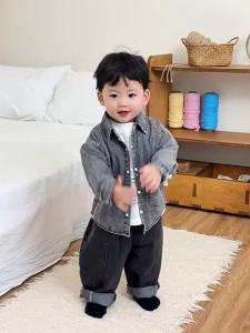 Boys Retro Outfit Denim Shirt Cartoon Print Long Sleeve T-Shirt Casual Pants