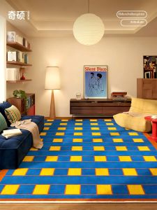 QISHUO | Retro Style Blue Check Pattern Carpet Washable Rug