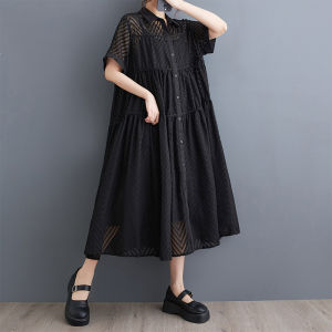 Summer 2025 Artistic Large Size Hollow out Solid Color Shirt Dress Women Loose Casual Korean Style Two Piece Set Commute Friendly