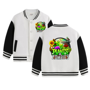 Cartoon Print Baseball Jacket for Girls Kindergarten Childrens Clothing Plant Vs Zombie Theme Trendy Top for Autumn