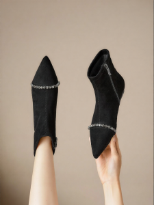 Josiny | Suede Pointed Low Heel Boots With Rhinestones