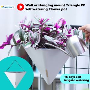 12 Inch Large Self Watering Triangle Geometric Shape Hanging PP Flower Pot with with Metal Hanger