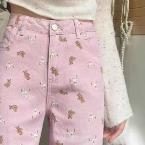 QIAONIAOGE | Cute Bear Print Loose Womens Jeans High Waist Straight Leg Pink Wide Leg Pants Casual Style For All Body Types Four Seasons
