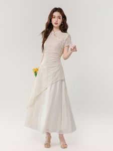 ชุดเดรสยาวปานกลางผู้หญิงสไตล์จีนใหม่ สง่างาม เรียบง่าย ไม่สมมาตร ดีไซน์สองชิ้นปลอม ฤดูร้อน 2025