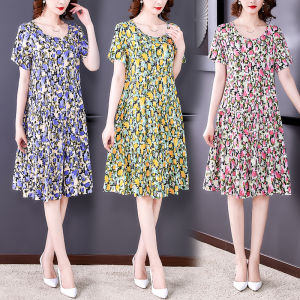 Mid-Length Cotton Silk Dress Women Summer New Style Mom Short Sleeve Floral Over-Knee Slimming High Waist A-Line Dress