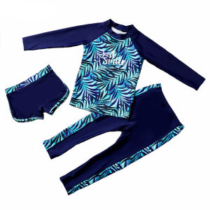3 Pieces Set Swimwear for Kids Girls Swimming Suit for Kids 3 In 1 Set Long Sleeve Rash Guard for Teens Swimming Outfit for Girls 3-16 Y Child Swimsuit Deep Blue with Leave Pattern