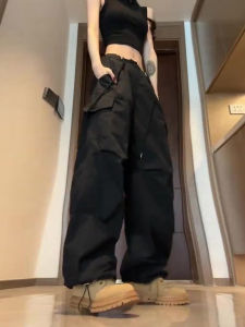 Black Wide Leg Workwear Pants Womens Loose Fit Lightweight American Style Casual Sports Trousers High Waist Summer New Arrival