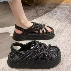 Casual Breathable Thick Bottom Woven Sandals Personalized Beach Shoes Womens Roman Style Comfortable Nurse Shoes Summer