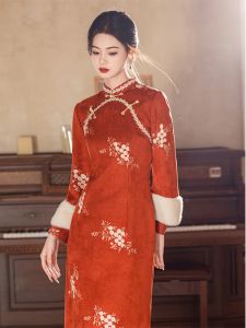 ชุดกี่เพ้าผ้าฝ้ายผสมสีแดง แขนยาว ทรงหลวม สำหรับผู้หญิง ชุดราตรีสไตล์จีนย้อนยุค ชุดกี่เพ้าแบบสวมหัว ชุดราตรี