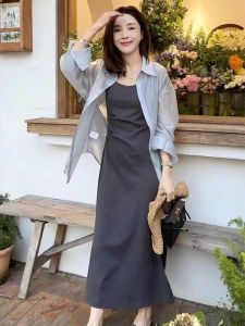 Trendy Gray Sun-Protective Shirt And Strap Dress Combo