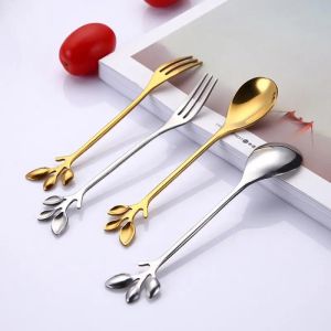 4Pcs Creative Fork Spoon Golden Stainless Steel Spoon Tableware for Coffee Cake Dessert Safe Teaspoon Kitchen Tableware Tool