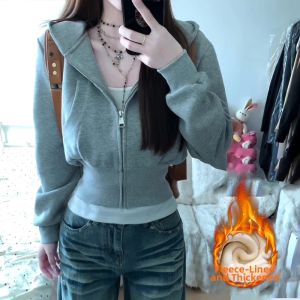 SUHUIQIAN | Grey Womens Cropped Straight Shoulder Slim Fit Zip Up Hoodie