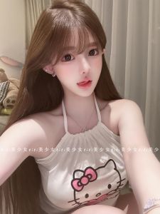 Pure Desire Kitty Neck Hanging Cute Girl Vest Autumn Inner Wear Outerwear Shirt Adorable Short Sleeve Womens Top