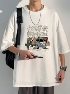 เสื้อยืดแขนสั้นทรงหลวมสไตล์อเมริกันย้อนยุคสำหรับผู้ชายในช่วงฤดูร้อนใหม่ เสื้อยืดคอกลมพิมพ์ลายตัวอักษรที่สวมใส่สบาย