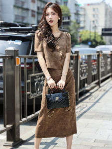 Fashionable Short Sleeve Top And Half Skirt Two-Piece Set Elegant Summer Outfit Polyester Fiber round Neckline Overhead Style