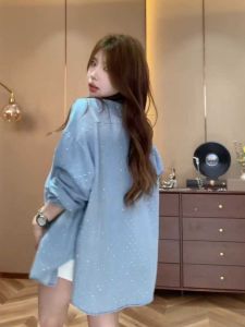 Womens Denim ShirtOuterwear Summer 2024 Loose-fitglitteringHeavy-dutyBeadworkFlaredFrenchStyleButton-downLong SleevesFashionable