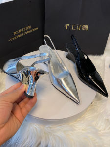 Dongdaemun 2024 Spring/Summer New Arrival Simple Graceful Silver High Heel Pointed Toe Slingback Strap Wedge Closed Toe Womens Sandals