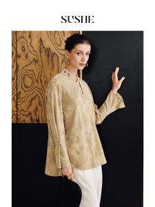 SUSHE | Yunran Embossed Flocking Beads New Chinese-Style Stand Collar Loose Womens Shirt