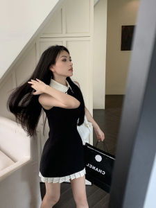 สไตล์ฝรั่งเศส สลิมฟิต สีดํา มินิเดรส ผู้หญิง กระโปรงรัดรูป เสื้อกั๊กสั้น ทรงเอ ฤดูร้อน เรียบง่าย เรียบหรู สไตล์กลิ่นหอมเล็ก