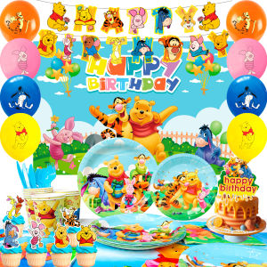 Winnie The Pooh Birthday Party Supplies 112pcsInclude Happy Birthday BannerBackdropBalloons Plates NapkinsCake Topper etc.