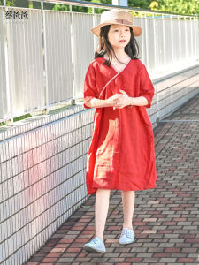 Artistic Linen V-neck Red Dress Childrens Clothing Original Design Summer Outfit for Girls Short Sleeve Skirt by Cai Dad