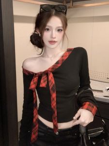 GUZILIAN | Slim Fit Plaid T-Shirt Womens Long Sleeve Short Style Base Shirt Hot Girl Design Sense Tight Design Shoulder One Word Autumn